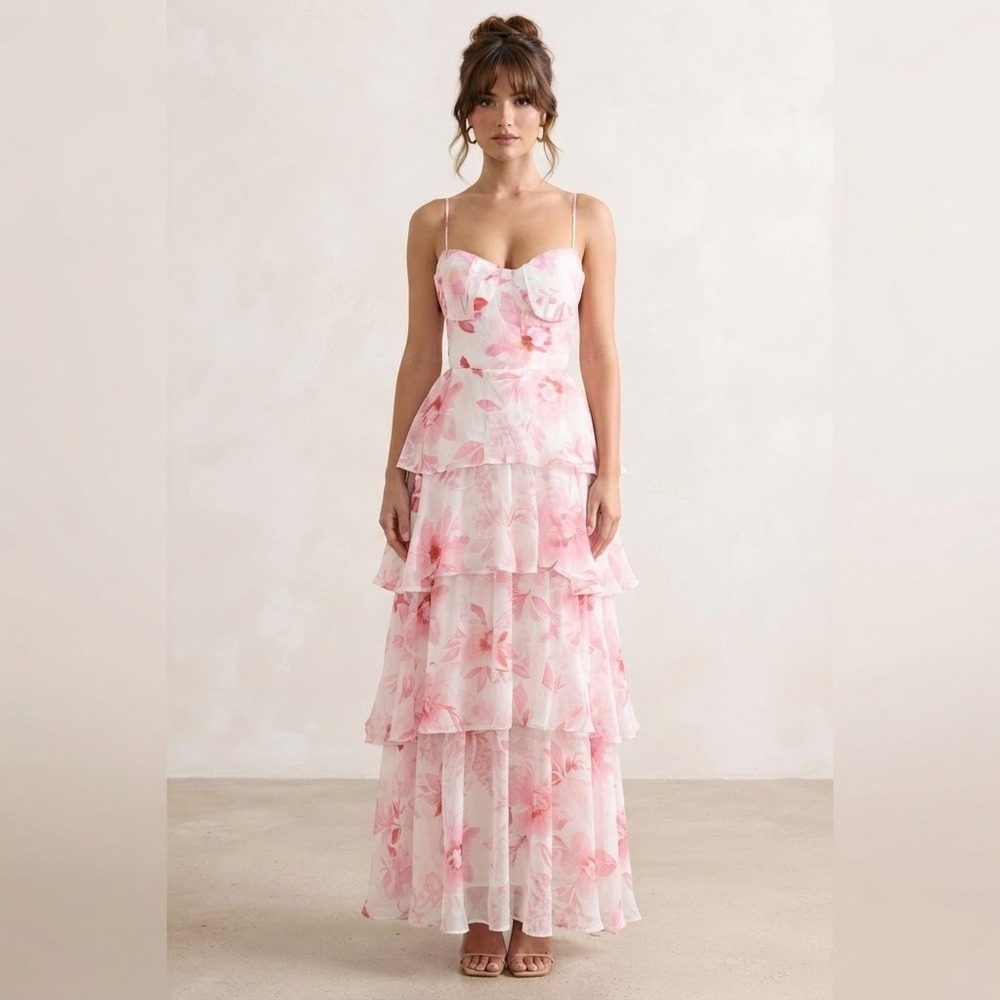 Pink Floral Tiered Ruffle Maxi Dress Open Back Romantic Ruffle Coastal Wedding